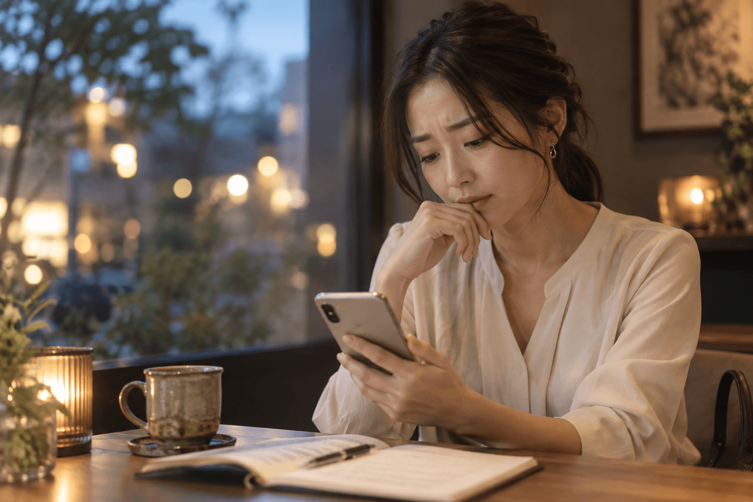 仕事のあと、スマホを見て連絡漏れを思い出す人物のイメージ(AI生成)