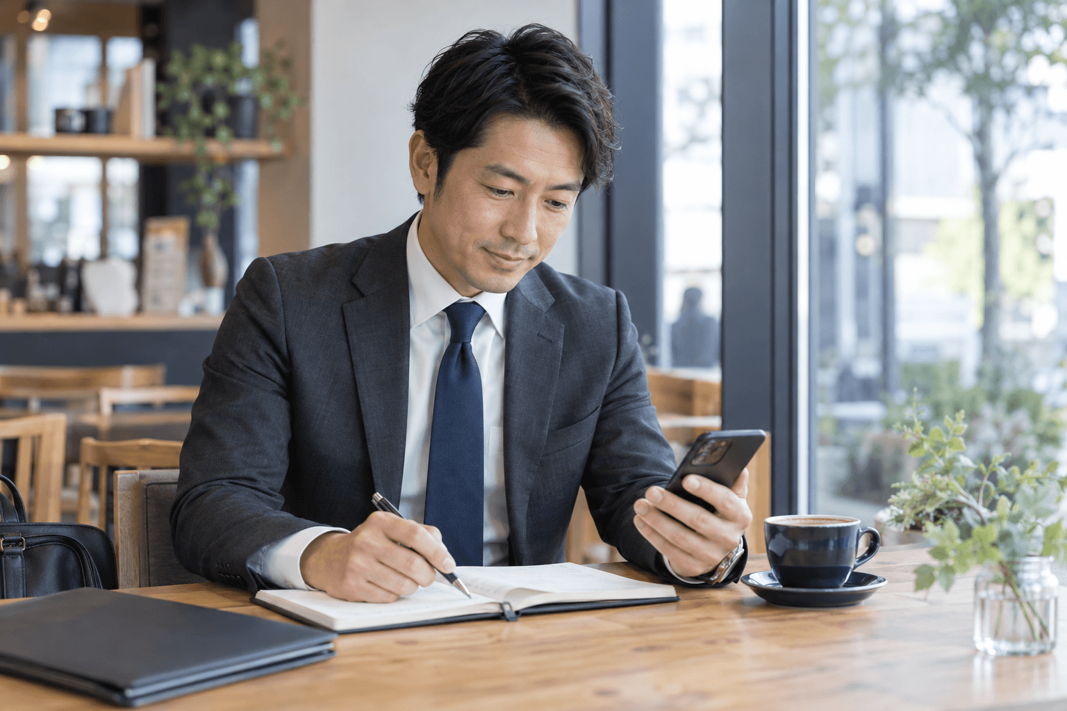 面談後に連絡の約束を確認する営業担当者