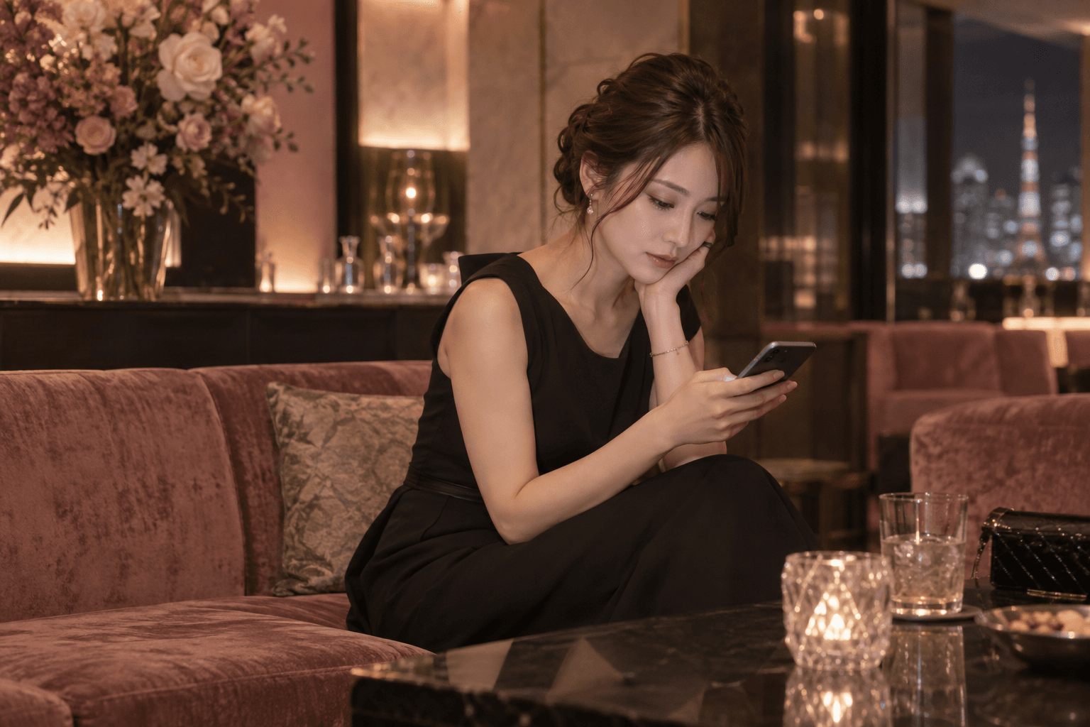 仕事のあと、お客様への連絡を考える女性