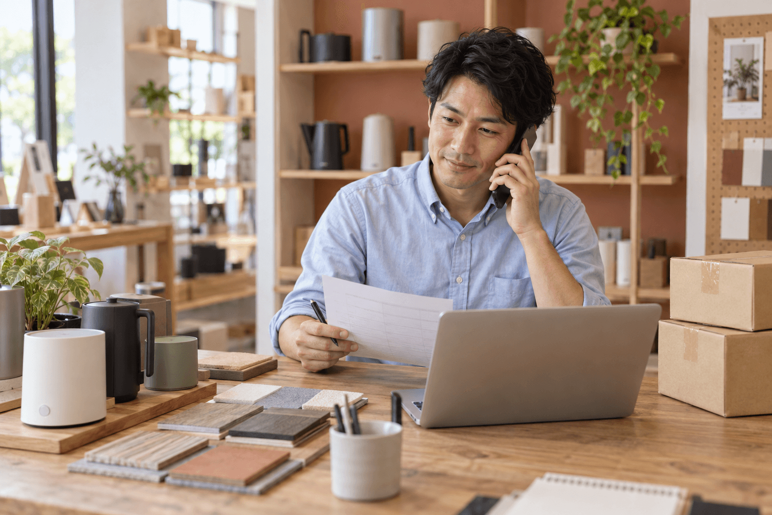 商品サンプルと注文の記録を見ながら、お客様へ電話する営業担当者